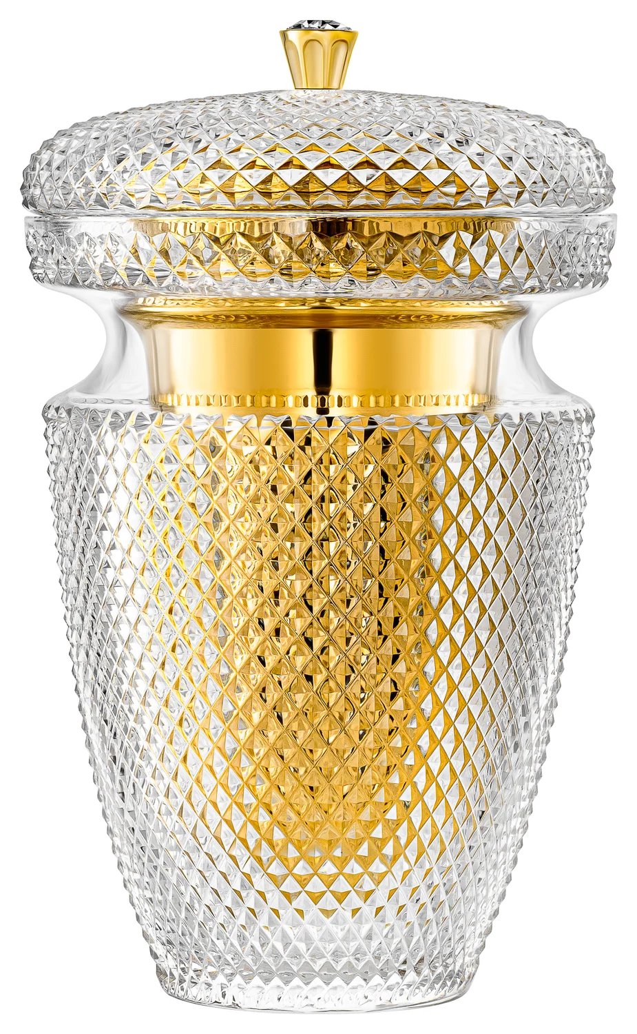 Crystal memorial vessel, diamond cut, with a porcelain core in Golden Light
