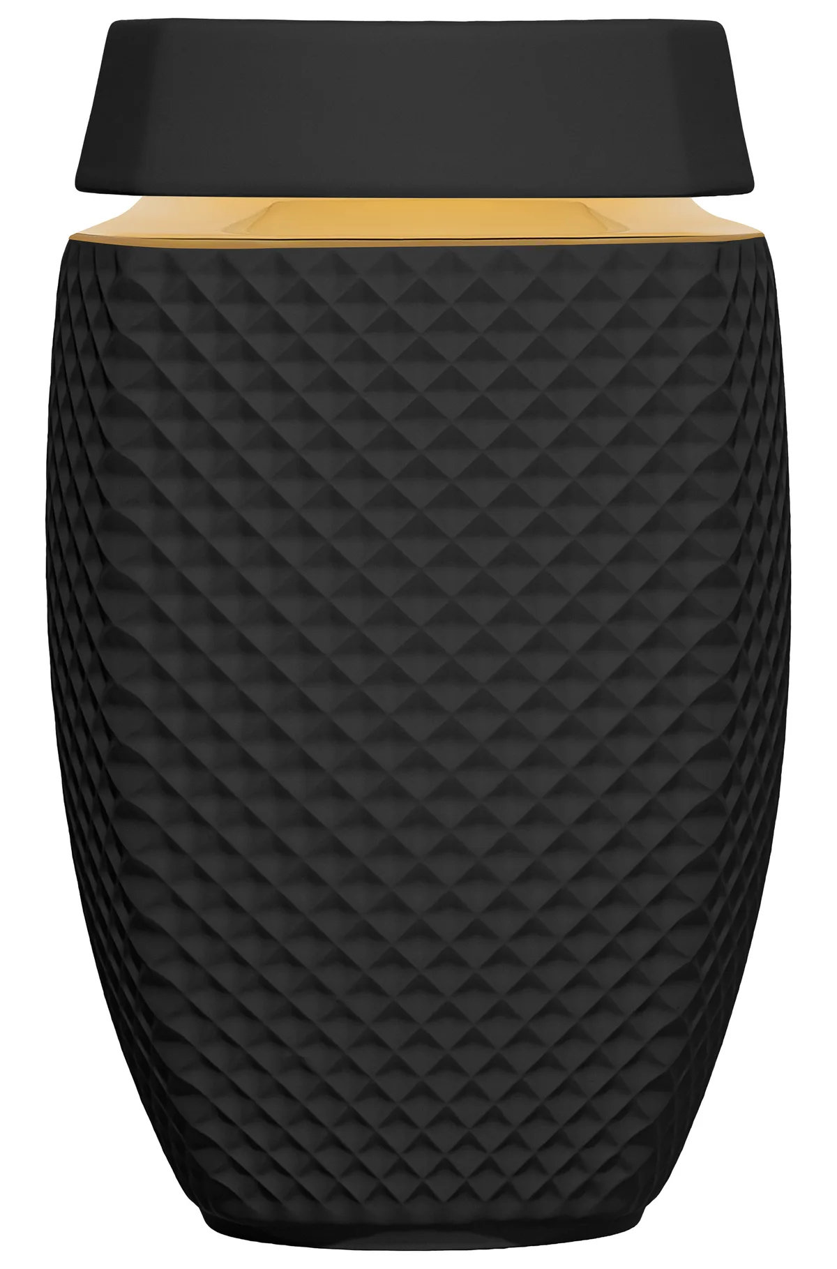 Matte black porcelain memorial vessel with a 24-karat gold band
