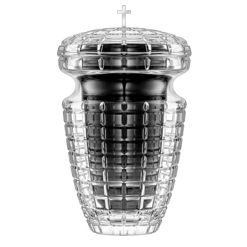 Urna de cristal Uriel con cruz plateada y revestimiento negro