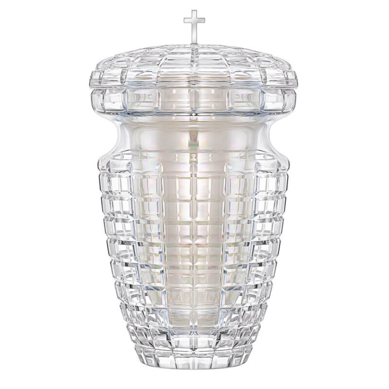 Urne en cristal Uriel avec intérieur blanc et croix argentée