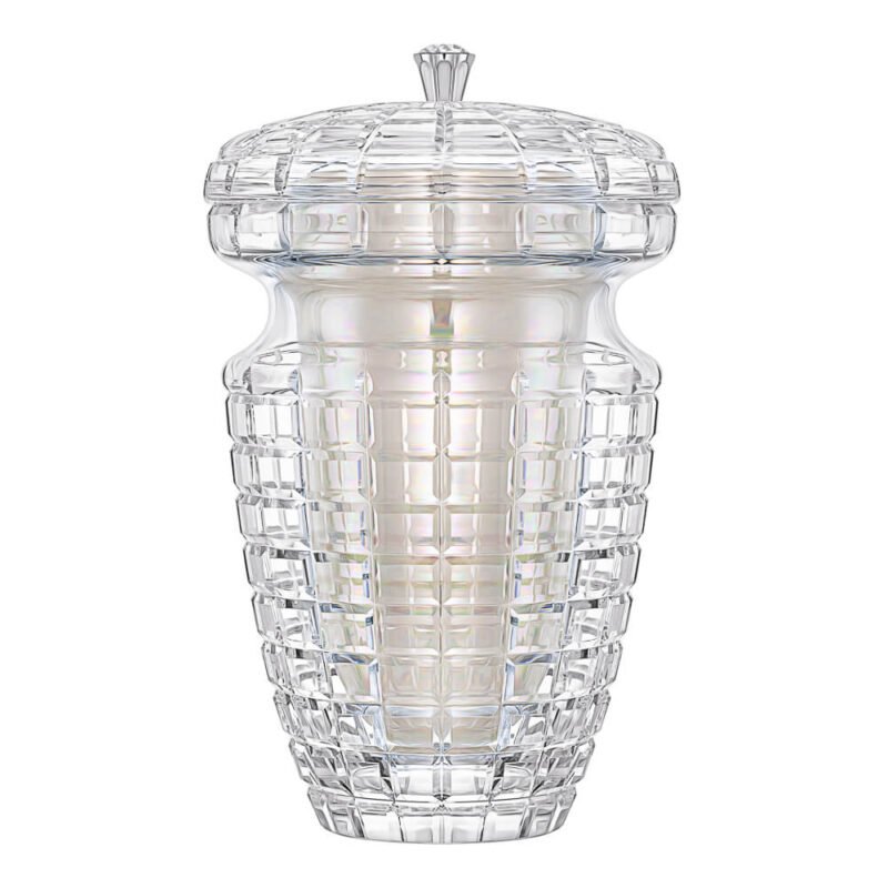 Urne en cristal Uriel avec boîtier intérieur blanc pour cendres et poignée argentée